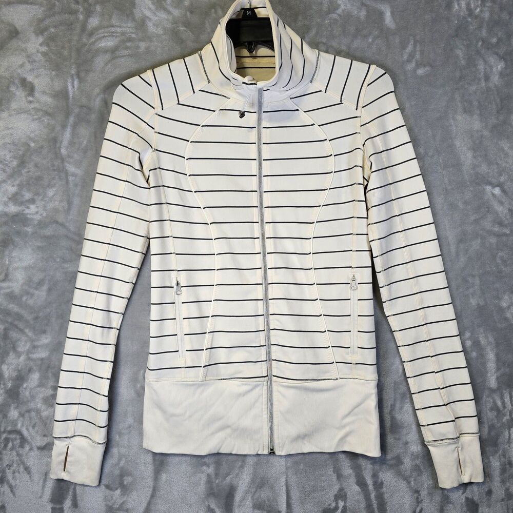 Lululemon Nice Asana Jacket Womens Ivory Black Stripe Fitted Zip Pockets * XS-S
